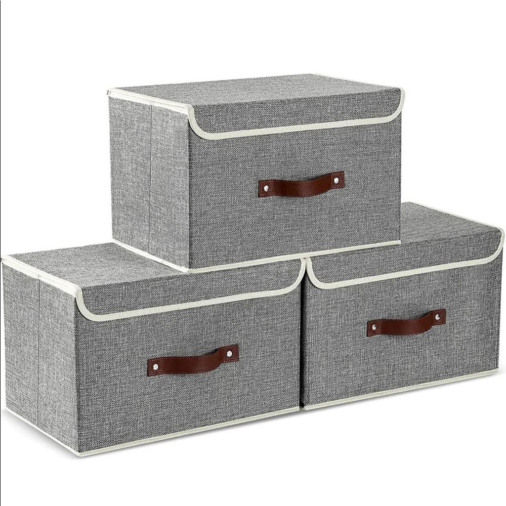 3 Large Foldable Storage Bins with Leather Handles J